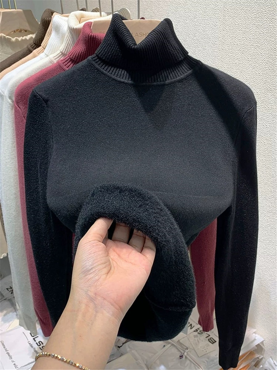 Sweater de cuello alto para mujer, forrado de terciopelo cálido