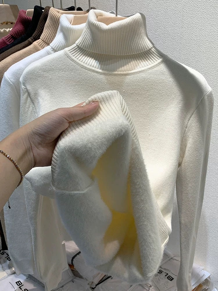 Sweater de cuello alto para mujer, forrado de terciopelo cálido