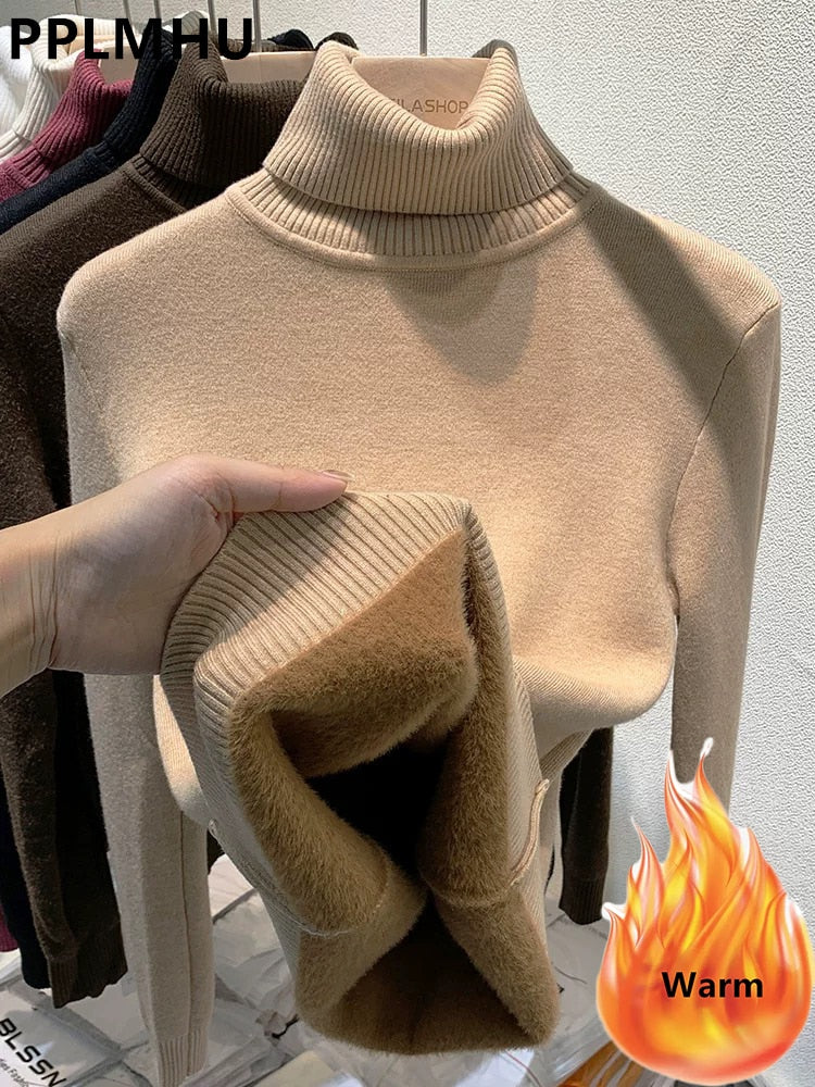 Sweater de cuello alto para mujer, forrado de terciopelo cálido