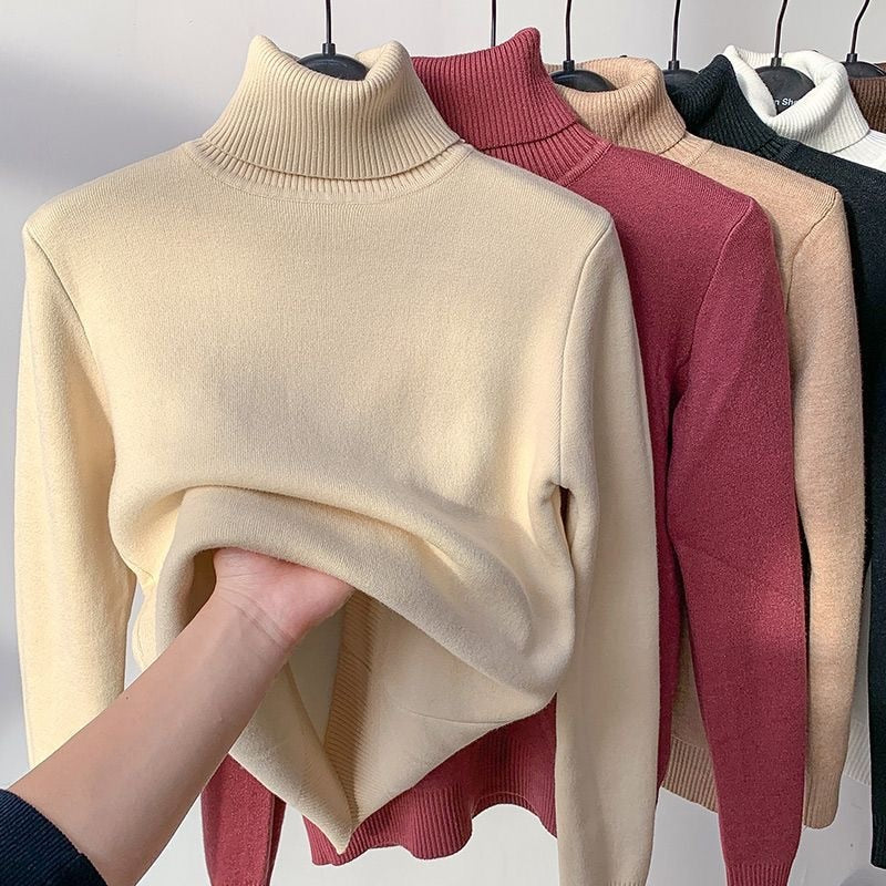 Sweater de cuello alto para mujer, forrado de terciopelo cálido