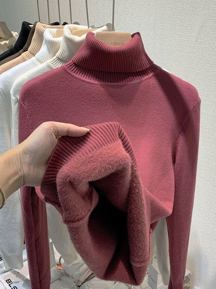 Sweater de cuello alto para mujer, forrado de terciopelo cálido